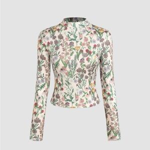 Cider Floral Mock Neck Long Sleeve Top in Cream Green Pink